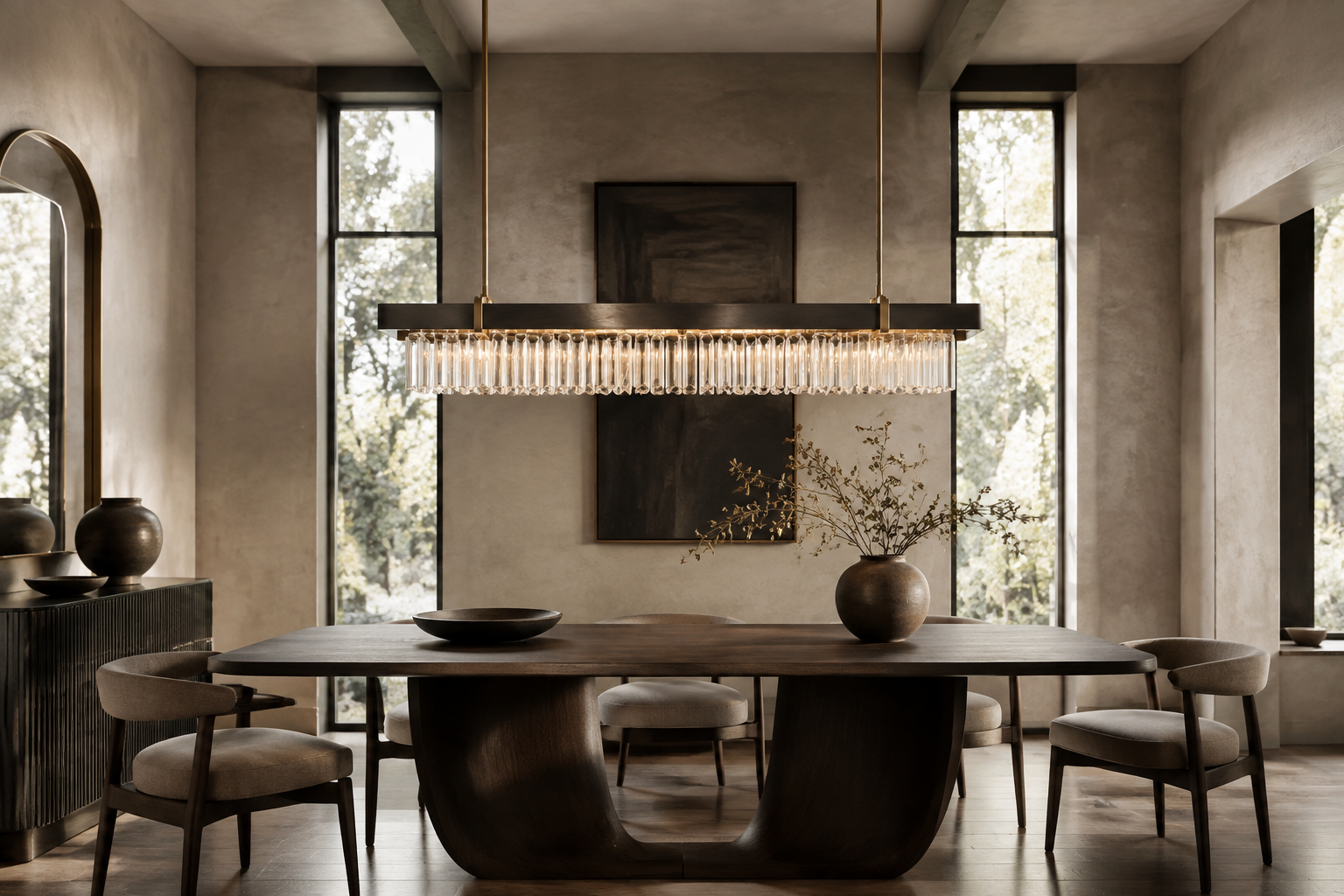 Editorial concept of a linear chandelier above a dining table; not product photography