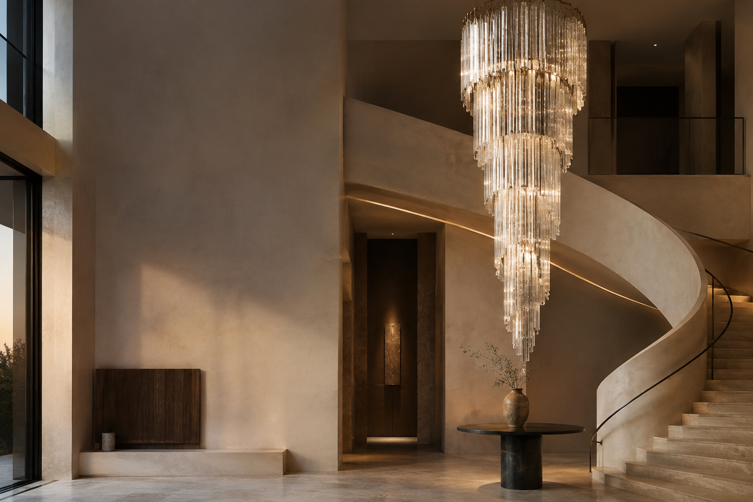 Editorial concept of statement lighting in a double-height limestone foyer; not a product photograph